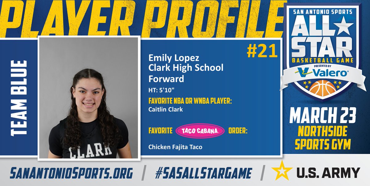 San Antonio Sports (@sa_sports) on Twitter photo Meet <a href="/emily_lopezz21/">Emily Lopez</a> from <a href="/NISDClark/">Tom C. Clark HS</a> who will compete in the San Antonio Sports All-Star Basketball game pres. by <a href="/ValeroEnergy/">Valero</a> at the Northside Sports Gym on March 23rd! #SASAllStarGame #BeAllYouCanBe <a href="/TacoCabana/">Taco Cabana</a> <a href="/ArmySanAntonio/">GoArmy San Antonio</a> <a href="/CaitlinClark22/">Caitlin Clark</a>
<a href="/HouyRihana/">Clark Girls Basketball</a> Meet <a href="/emily_lopezz21/">Emily Lopez</a> from <a href="/NISDClark/">Tom C. Clark HS</a> who will compete in the San Antonio Sports All-Star Basketball game pres. by <a href="/ValeroEnergy/">Valero</a> at the Northside Sports Gym on March 23rd! #SASAllStarGame #BeAllYouCanBe <a href="/TacoCabana/">Taco Cabana</a> <a href="/ArmySanAntonio/">GoArmy San Antonio</a> <a href="/CaitlinClark22/">Caitlin Clark</a>
<a href="/HouyRihana/">Clark Girls Basketball</a>