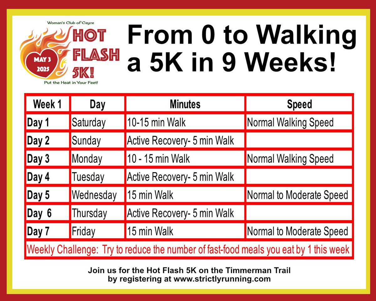 Welcome to Week 1 of "From 0 to Walking a 5K in 9 Weeks!"

Remember your goal this week is to start walking and keep walking. Warm-Up - Gently move/roll your shoulders, hips, knees, and ankles before walking and on active rest days.
#timetowalk