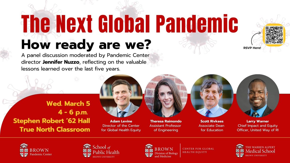 The Warren Alpert Medical School (@brownmedicine) on Twitter photo Are we ready for the next global #pandemic?
🌍 Join Brown University’s <a href="/pandemiccenter/">Pandemic Center at Brown School of Public Health</a> for a critical panel discussion moderated by Jennifer Nuzzo, featuring experts in health equity, education, engineering, and public health.
đź”— RSVP: ow.ly/8SBm50V5IbB #GlobalHealth Are we ready for the next global #pandemic?
🌍 Join Brown University’s <a href="/pandemiccenter/">Pandemic Center at Brown School of Public Health</a> for a critical panel discussion moderated by Jennifer Nuzzo, featuring experts in health equity, education, engineering, and public health.
đź”— RSVP: ow.ly/8SBm50V5IbB #GlobalHealth