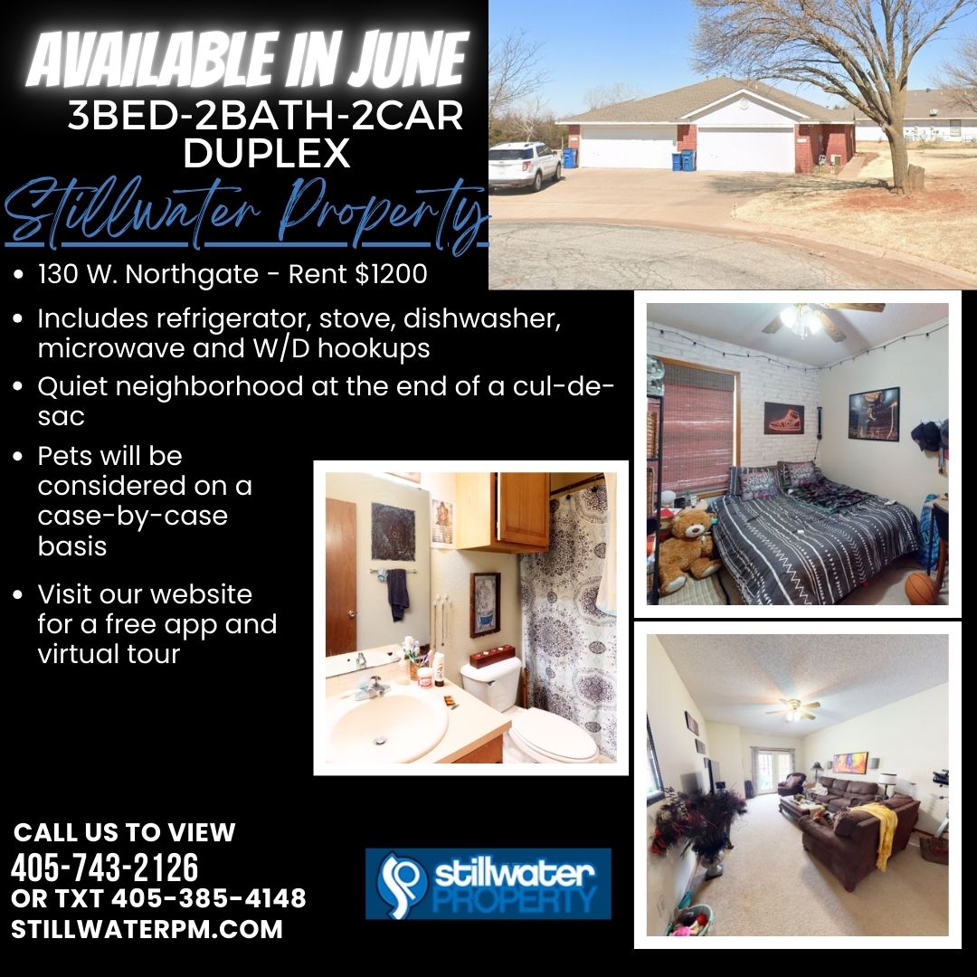 StillwaterProp3's tweet photo. JUNE! 3bed-2bath-2car Rent $1200
Please fill out our free application before scheduling a showing
➡️ https://t.co/sQQaSCWBhj rental-application/
Contact us for a showing! Text 405-385-4148 Office 405-743-2126 https://t.co/84TfWsY5DO