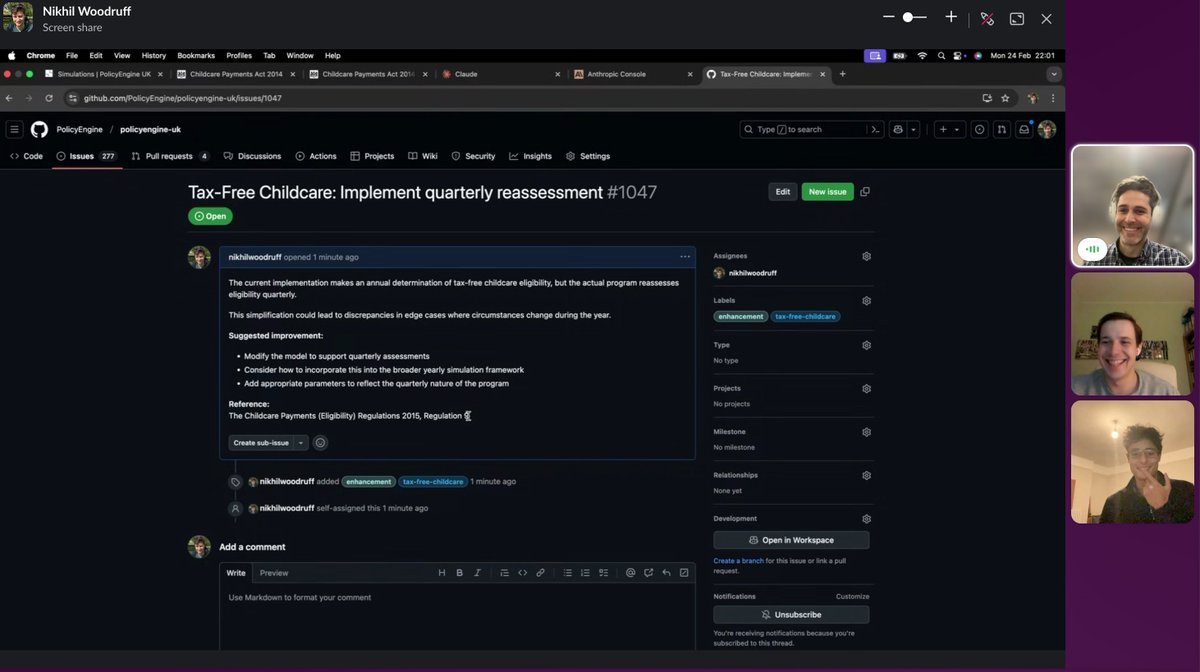 Claude Code is absolutely mind-blowing. <a href="/nikhil_woodruff/">Nikhil Woodruff</a> <a href="/PavelMakarchuk3/">Pavel Makarchuk</a> and I just used it to review <a href="/vahiidahmadi/">Vahid Ahmadi</a>'s recent <a href="/PolicyEngineUK/">PolicyEngine UK</a> childcare model, read the legislation (per our metadata's URLs), and file issues to make it more complete with the GitHub CLI. Astounding.