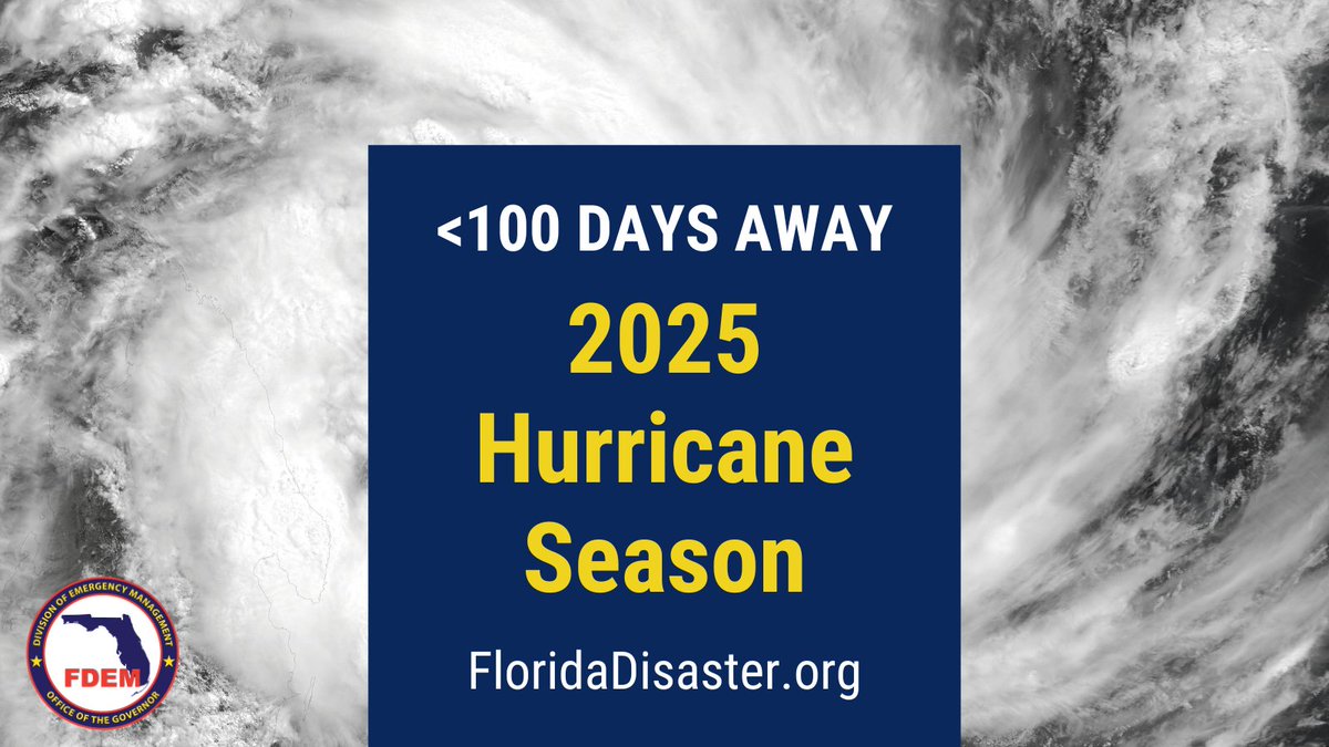 Florida Division of Emergency Management Urges Preparedness Efforts 100 Days Ahead of the 2025 Atlantic Hurricane Season.

Read more ➡️ bit.ly/43hVS5A