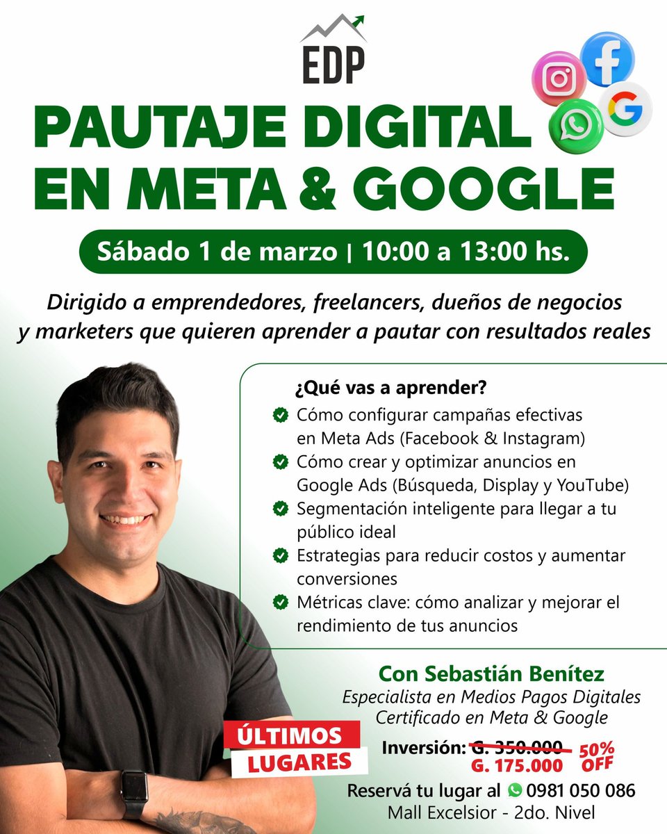📢 ¡Aprendé a pautar como un experto para sumar ventas e ingresos! 🚀

Si sos emprendedor, freelancer, dueño de negocio o marketer y querés optimizar tus anuncios para lograr mejores resultados, este curso es para vos💡

📲 Reservá tu lugar al 0981 050 086

⚠ Cupos limitados