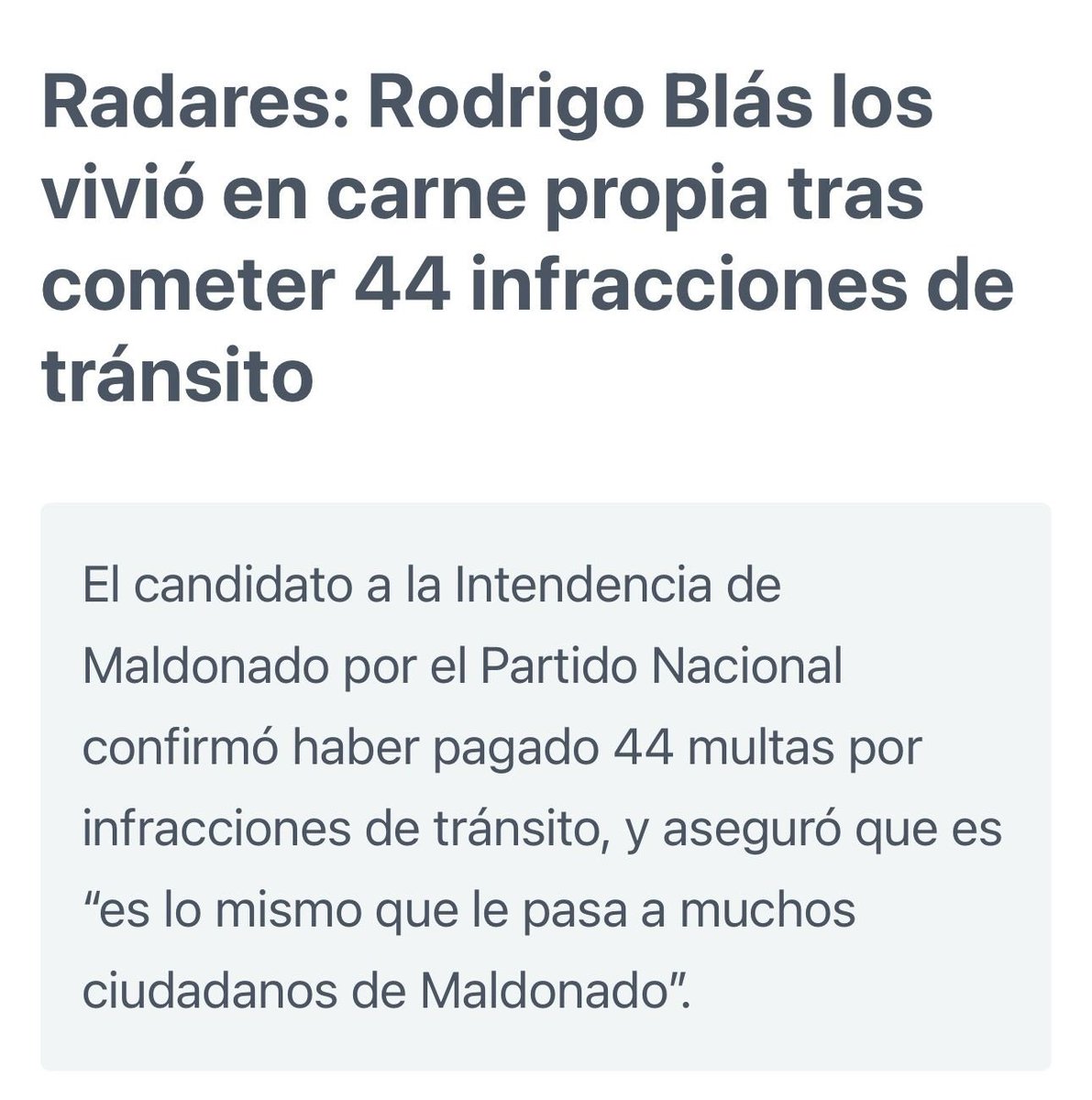 Recorro el departamento sin parar. Voy y vengo a Montevideo al menos 8 veces por mes. Si en 3 días se labraron 2500 multas en Maldonado, que yo tenga 2 o 3 por mes, me hace pensar tristemente que soy un afortunado. Algunos, por la deuda, pierden el vehículo. Insisto: hay que