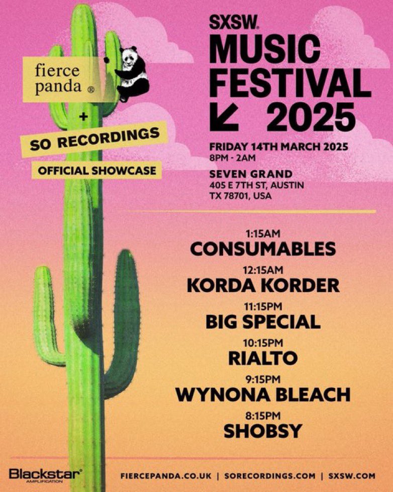 Fierce Panda x SO Recordings SXSW Showcase

📅 Friday, March 14 | 8pm-2am
📍 Seven Grand | 405 E 7th St

From Shobsy kicking things off to Consumables shutting it down, this lineup is stacked with pure energy. Big Special is about to be BIG special, and you already know Wynona