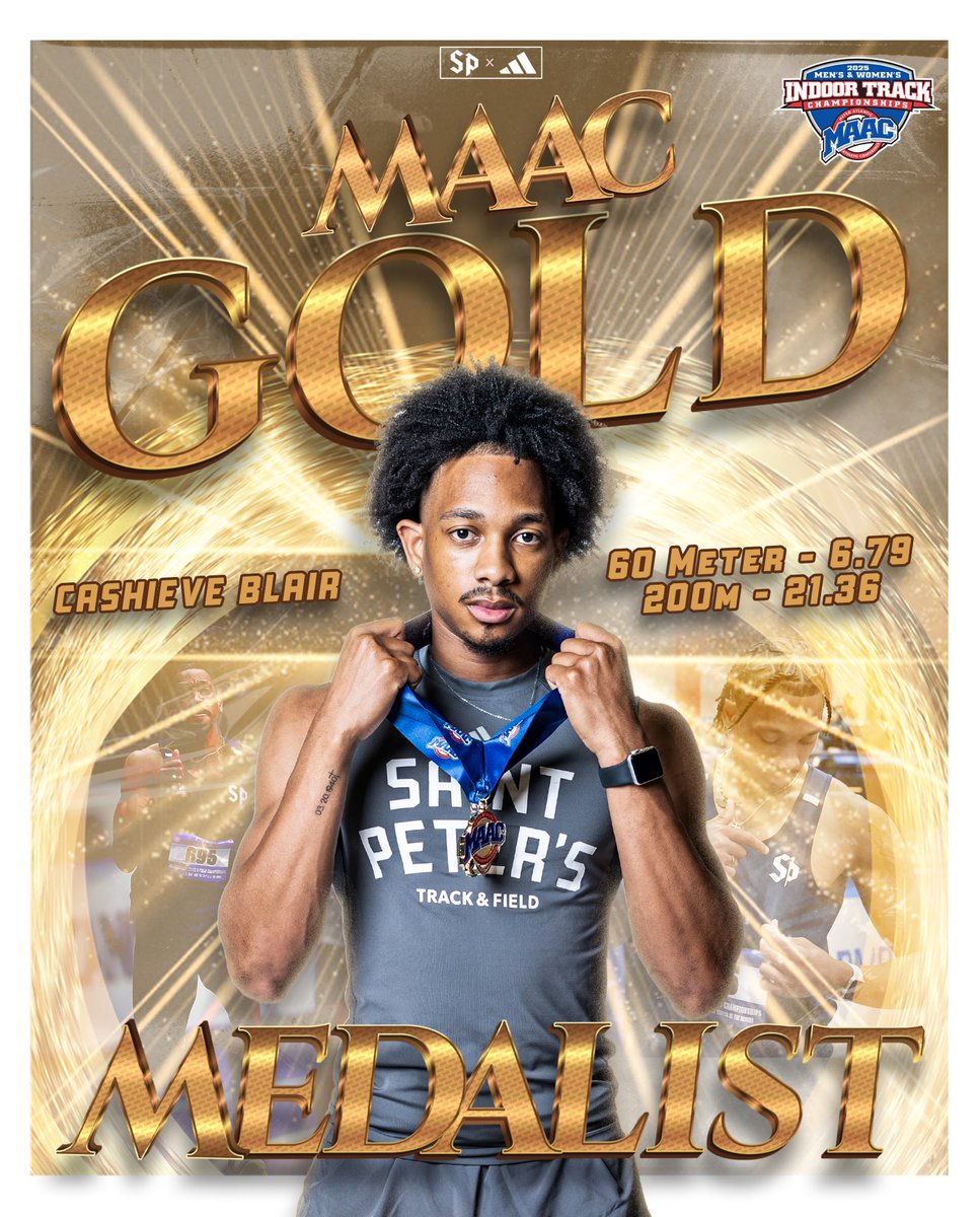ＧＯＬＤＥＮ🏆💨 
Junior Cashieve Blair dominates the MAAC Championships, winning gold in the 60m (6.79) and shattering the school record in the 200m with a blazing 21.36—breaking the previous mark of 21.58! 💪

#StrutUp🦚 #MAACChampionships
