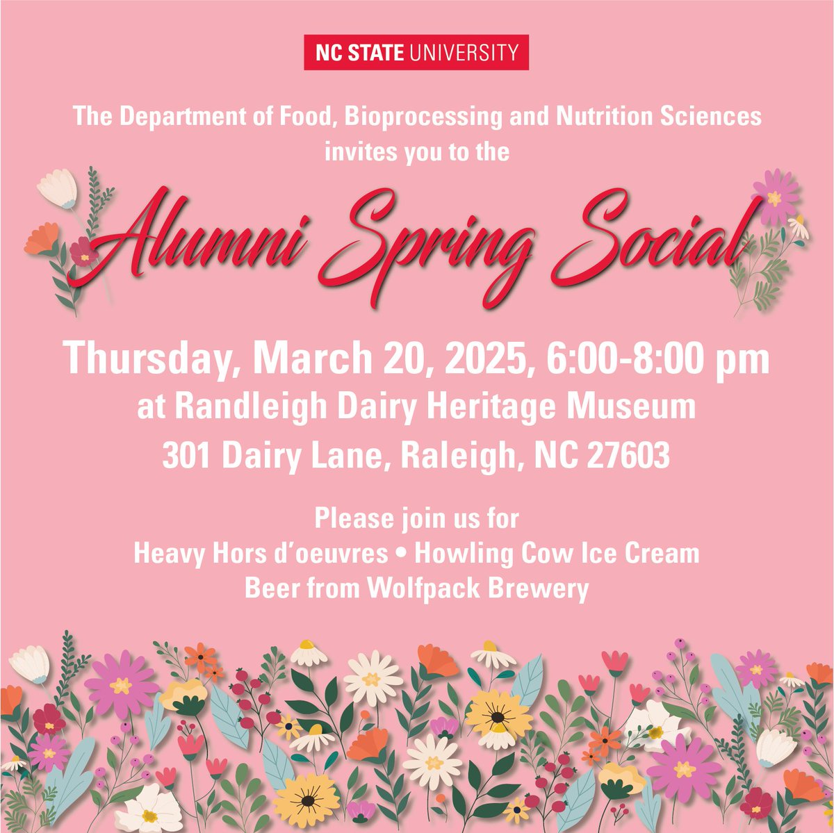 Join us on March 20th for our first ever FBNS Alumni Spring Social! All FBNS alumni and emeriti are invited to join us for heavy hors d'oeuvres, Howling Cow Ice Cream, and Wolfpack Brewery Beer. Please RSVP by March 1st at this link: evite.com/event/038CN7VH…