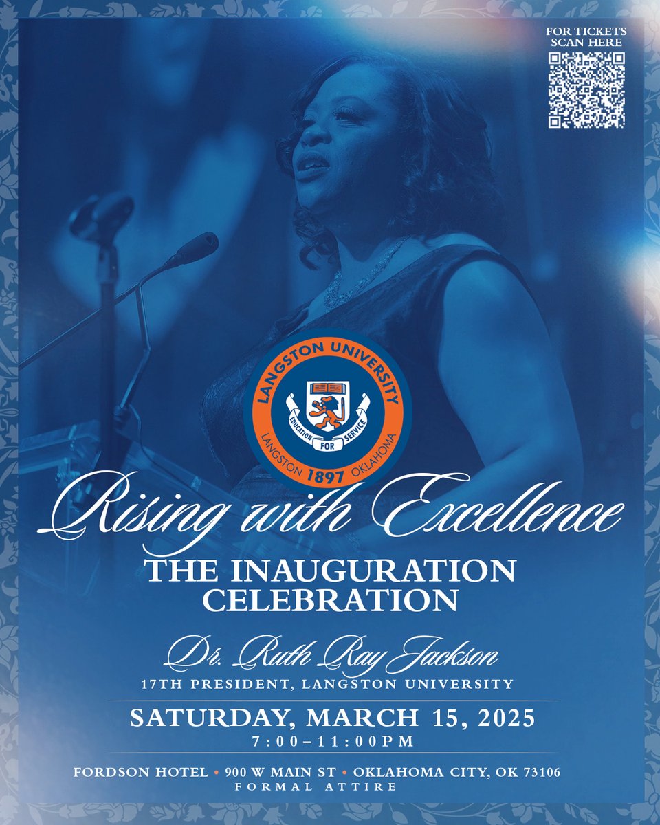 LangstonU's tweet photo. Join us for the Investiture Ceremony of Dr. Ruth Ray Jackson as Langston University's 17th President on March 14. Campus & community activities are planned for March 8-15. You can purchase tickets for Saturday's events at https://t.co/eRXx50QmNs
#WeRoar #RootedInPride https://t.co/w8srDaQjhZ