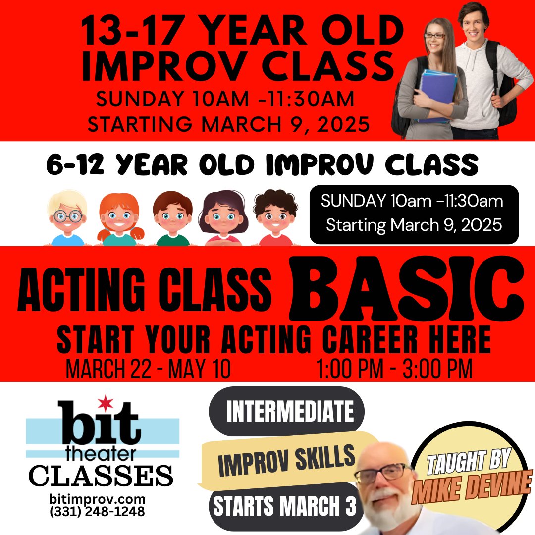 BitImprov's tweet image. 🎭 New improv and acting classes start March at The Bit Theater, Aurora, IL! Sign up now:  #ImprovClass #ActingClass #ComedyLife