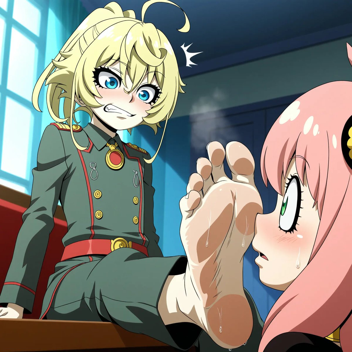 FiapsT's tweet photo. REPOST by BardsFT ⬇️

Tanya von Degurechaff: Oh no! What a horror!!! Your nose evaporated the bad smells from my foot, Anya! Is it my sole that you like?!?

Anya Forger: You're weird for being embarrassing... Your sole smells like chedar on my nose.

#FeetGen #aigenerated #feet https://t.co/IHG4nzYEFV