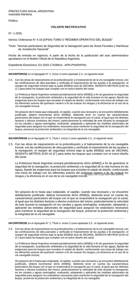 fedesturze's tweet photo. ¿Se puede reducir el costo de transporte por la hidrovía en hasta 7%, así como así? La Resolución 296/25 de @PrefecturaNaval publicada hoy lo logra. En 2018 se había incrementado, para la hidrovía, el margen histórico de seguridad bajo quilla de 2 pies. Se estableció a su vez, que dicho margen debía incrementarse con el porte del barco. Al restituir el valor histórico, que es lo que hace la 296/25, se incrementa automáticamente la capacidad de carga bajando costos. 

Me lo informa @DiegoMFleitas1 del @MinSeguridad_Ar de @PatoBullrich. Mucha de la mejora de productividad es romper papelitos que nos embroman. Felicitaciones @PrefecturaNaval.