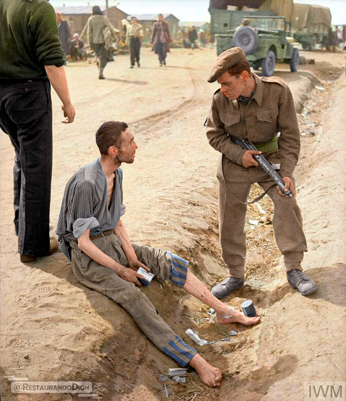 Bergen-Belsen concentration camp, colorized photograph.

The camp was liberated on April 15, 1945. Despite not being an extermination camp and having no gas chambers, over 50,000 prisoners died inside due to the living conditions.