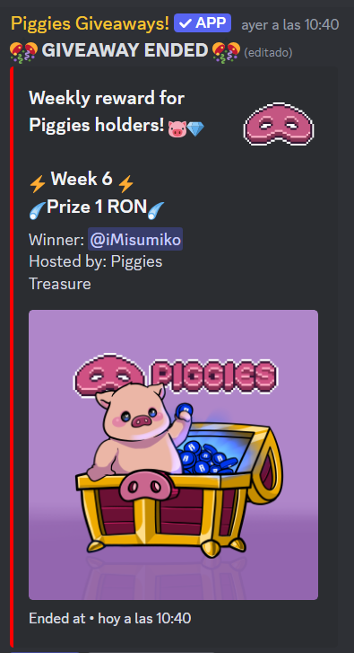 Piggies_NFTs's tweet photo. Congrats @iMisumiko!!!🥳
Winner of weekly draw for all Piggies owners!
If you are an owner, join our discord to participate🐷

🐽Discord: https://t.co/FCrahFuG9m

If you don't have a Piggy yet, you can mint it through @heymintxyz here👇 
🐽https://t.co/whbTS380Mc