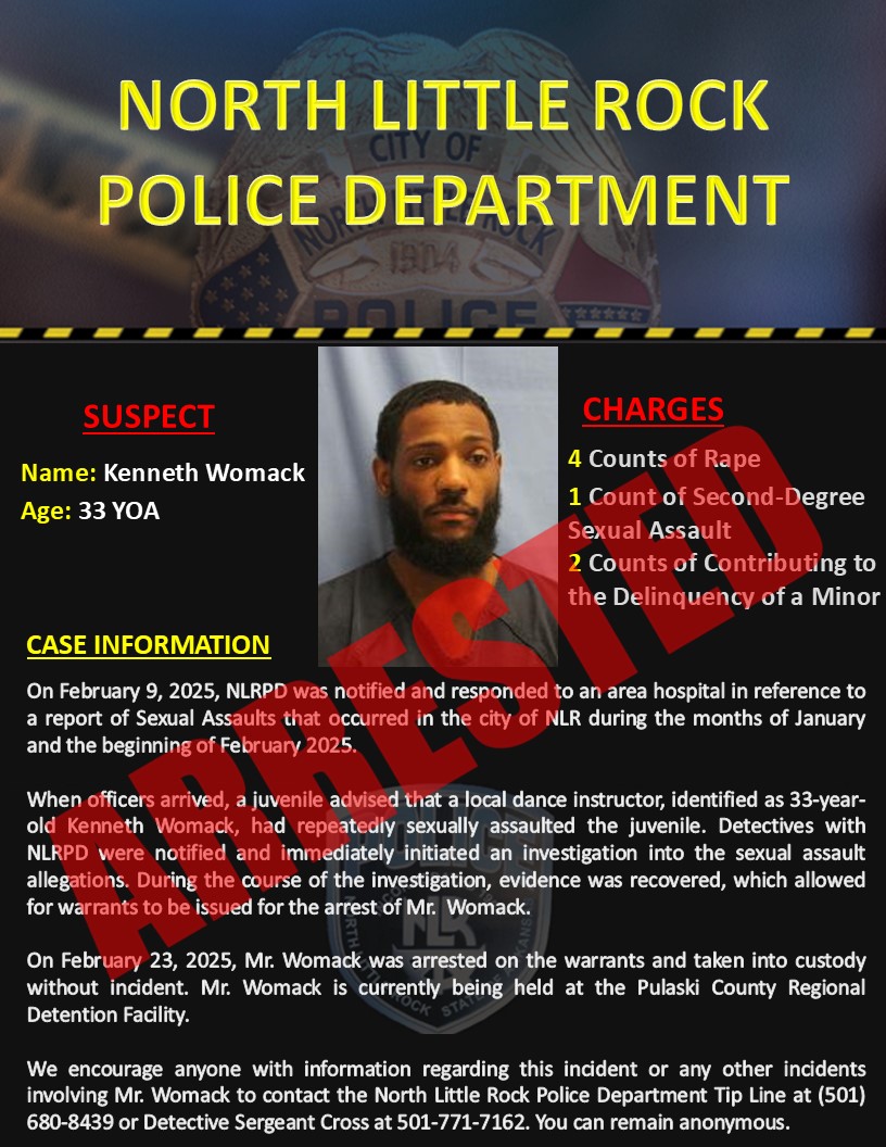 ***Arrest Information***
On February 9, 2025, NLRPD was notified and responded to an area hospital in reference to a report of Sexual Assaults that occurred in the city of NLR during the months of January and the beginning of February 2025.

When officers arrived, a juvenile