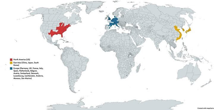 These three regions—the Eastern USA, Western Europe, and East Asia—together generate half of the world’s GDP. A tiny fraction of the planet, an outsized share of global wealth. #Economy #Geopolitics #GDP