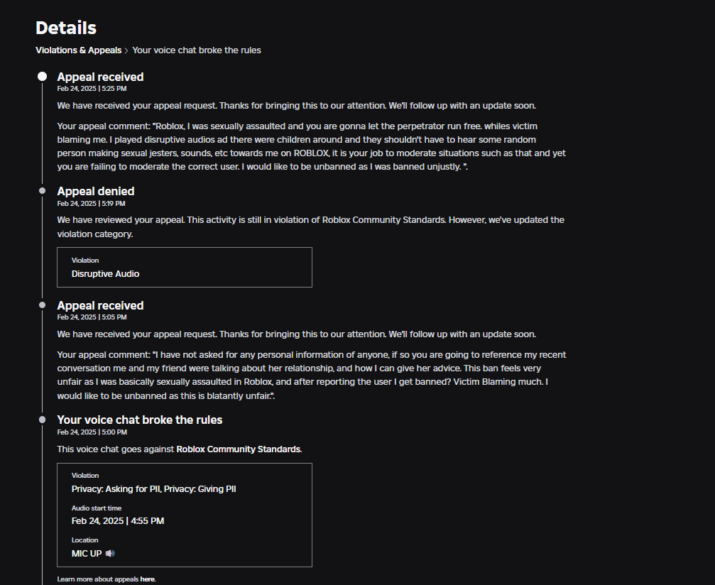 Smart_Clouds's tweet photo. I was sexually assaulted on Roblox and they banned me for "PII" when no such thing happened within the game I was playing, they banned me and won't even accept my appeal?? What is this to them a joke??? @Chaseroony https://t.co/eBmXCthcqj