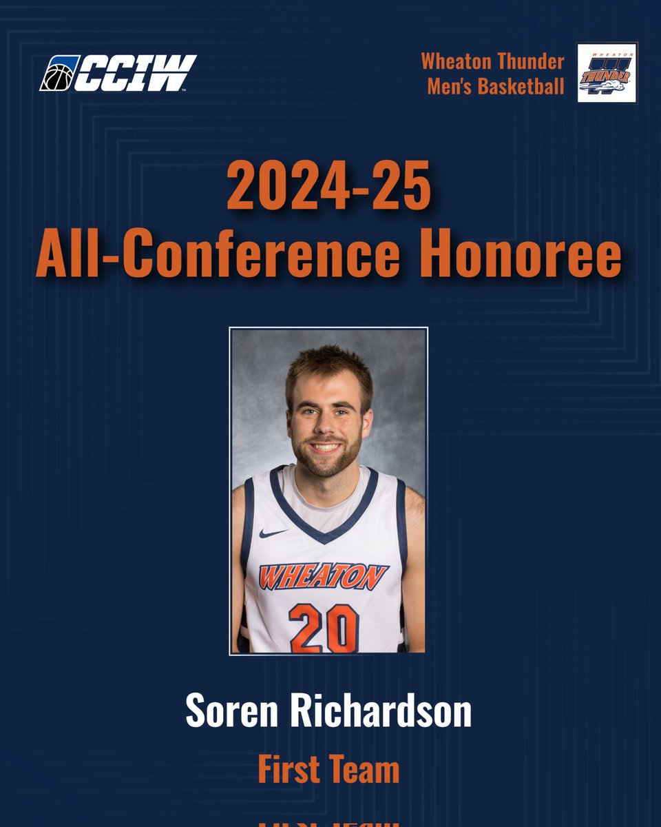 Wheaton Thunder (@wheaton_thunder) on Twitter photo Unanimous First Team selection.
Congratulations to <a href="/Wheaton_MBB/">Wheaton College Men's Basketball</a> sophomore Soren Richardson for earning a first career All-CCIW recognition for his outstanding play in the 2024-25 season!
#LetsRoll Unanimous First Team selection.
Congratulations to <a href="/Wheaton_MBB/">Wheaton College Men's Basketball</a> sophomore Soren Richardson for earning a first career All-CCIW recognition for his outstanding play in the 2024-25 season!
#LetsRoll