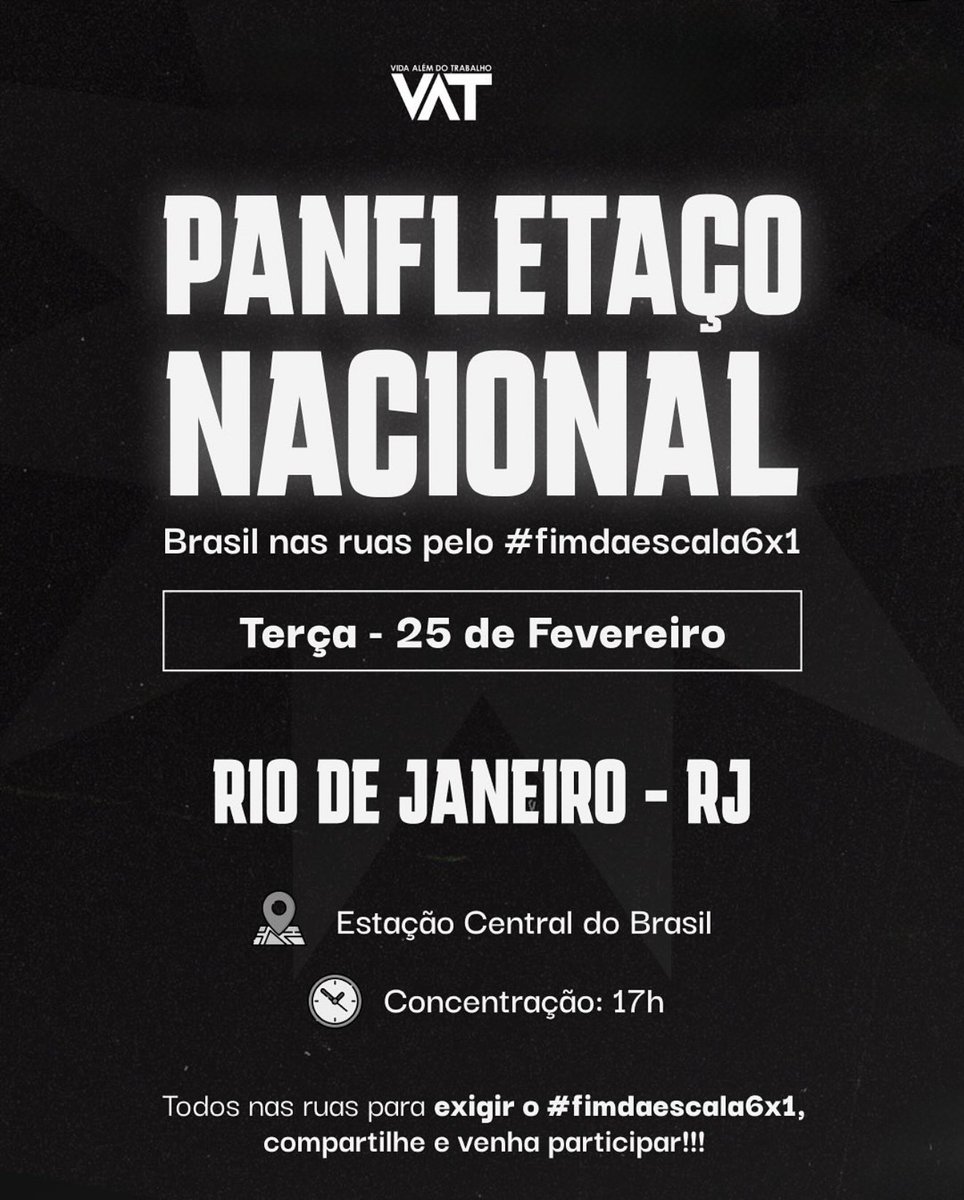 🚨Compartilhem SEM DÓ esse post ✊🏻
Amanhã teremos manifestações pelo FIM DA ESCALA 6x1 pelo Brasil todo, confira se vai ter na sua cidade e participem.
Esse ano chegou a hora de acabarmos com essa escala que tanto prejudica a vida do trabalhador.
Compartilhem MUITO!