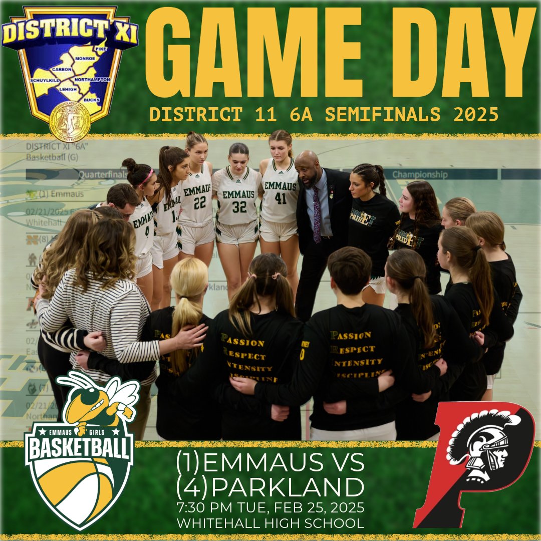 The 25-1 Emmaus Hornets head to Whitehall High School for the District XI 6A Semifinals to take on the 17-8 Parkland Trojans!
🚩Whitehall High School (3800 Mechanicsville Rd, Whitehall Township, PA 18052)
GPS: maps.app.goo.gl/kyeUypznLqvPiX…
🗓️Tuesday, 2/25/2025, 7:30PM
🎟️Tickets: