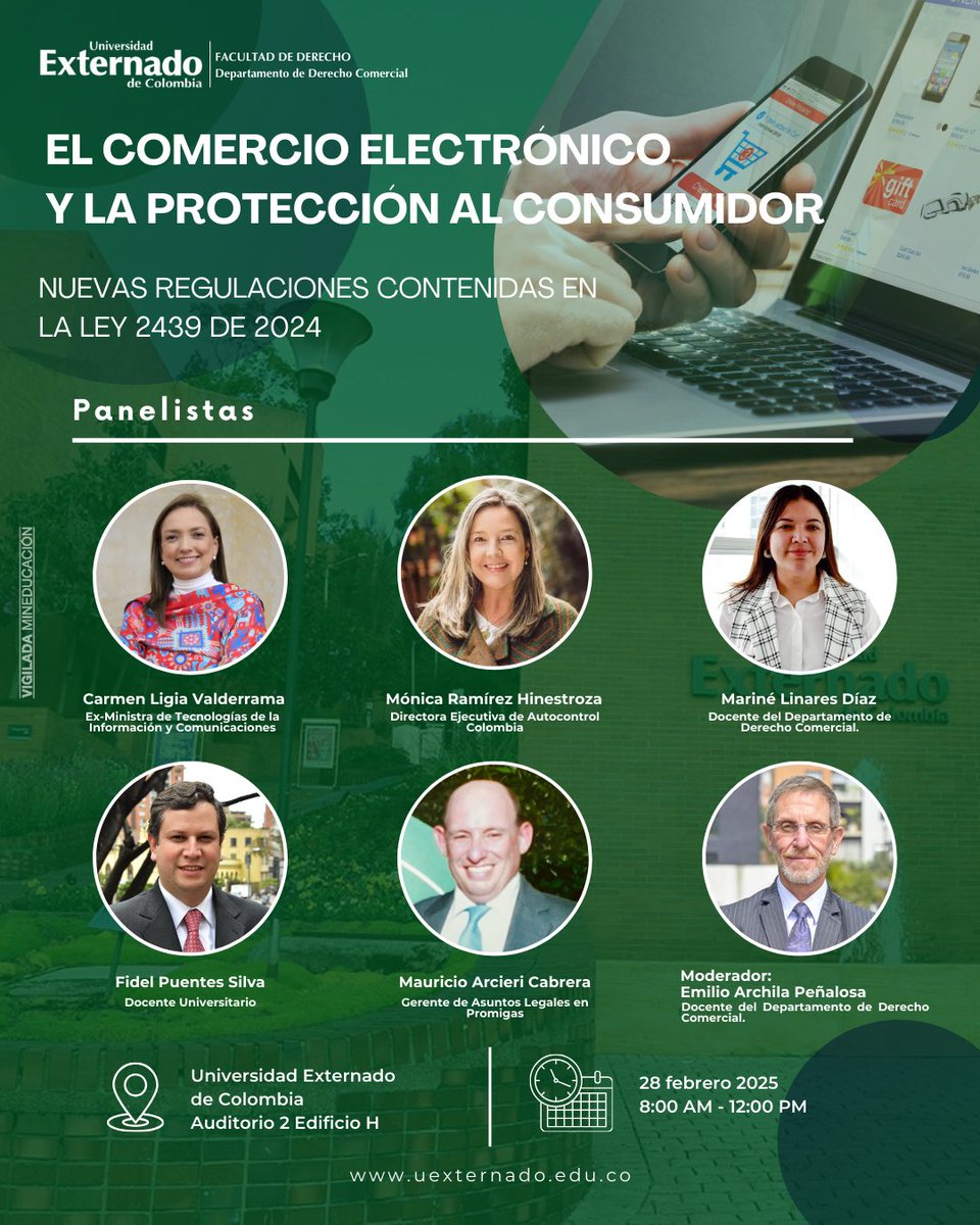 🛒💻 ¡El comercio electrónico evoluciona y la protección al consumidor también! ⚖️

📅 Fecha: 28 de febrero de 2025
🕘 Hora: 7:45 a.m. - 12:00 p.m.
📍 Lugar: Universidad Externado de Colombia, Auditorio 2, Edificio H

🔗 Inscríbete aquí: uexternado.zoom.us/meeting/regist…