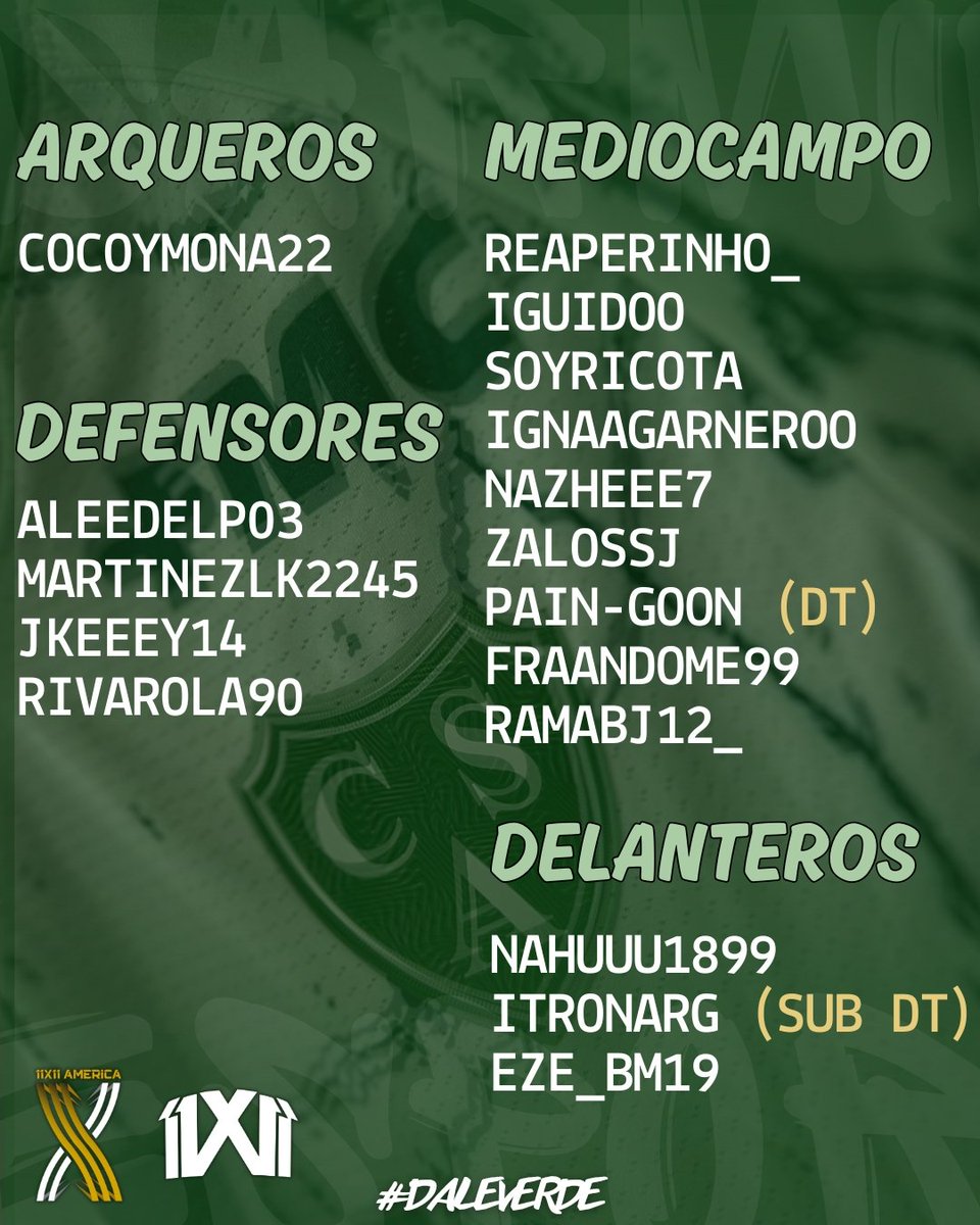 #FC25 | <a href="/11x11Brasil/">11x11tv</a> 🎮

Plantel Cerrado ✍️

Mañana arranca la Copa 11x11 América y estos serán nuestros jugadores para la competencia.

#DaleVerde 🇳🇬