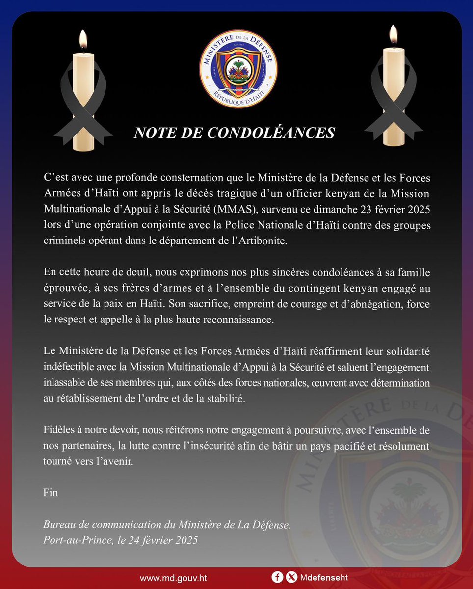 MINISTÈRE DE LA DÉFENSE 
Port-au-Prince, le 24 février 2025

NOTE DE CONDOLÉANCES