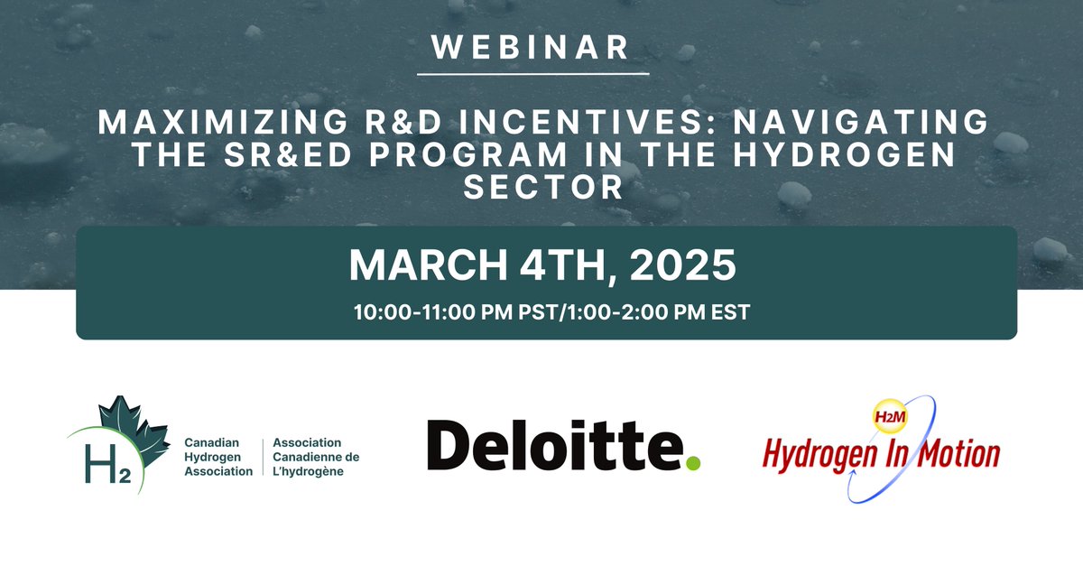 Canadian Hydrogen Association (@poweringnow) on Twitter photo 🚀 Unlock SR&ED tax incentives for hydrogen innovation!
Join CHA, Deloitte, & Hydrogen In Motion (H2M) on March 4 (10 AM PST / 1 PM EST) for a webinar on maximizing R&D funding.
📍 Register now: events.teams.microsoft.com/event/39a46434…
#hydrogen #innovation #SRED #cleantech #funding #netzero 🚀 Unlock SR&ED tax incentives for hydrogen innovation!
Join CHA, Deloitte, & Hydrogen In Motion (H2M) on March 4 (10 AM PST / 1 PM EST) for a webinar on maximizing R&D funding.
📍 Register now: events.teams.microsoft.com/event/39a46434…
#hydrogen #innovation #SRED #cleantech #funding #netzero