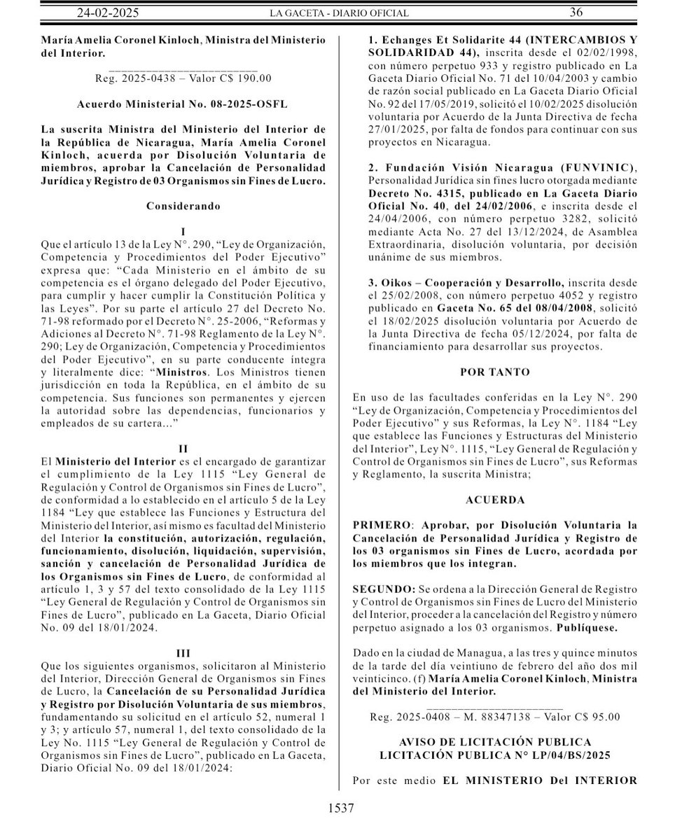 Régimen #OrtegaMurillo cancela otras 10 organizaciones más, 7 por "incumplimiento" y 3 por "disolución voluntaria". #SOSNicaragua