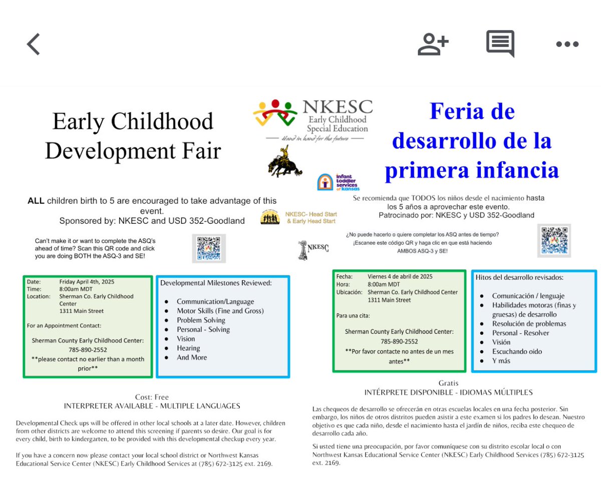It’s that time again!! Goodland’s Early Childhood Fair will be Friday April 4th, 2025. See the flyer for more details!