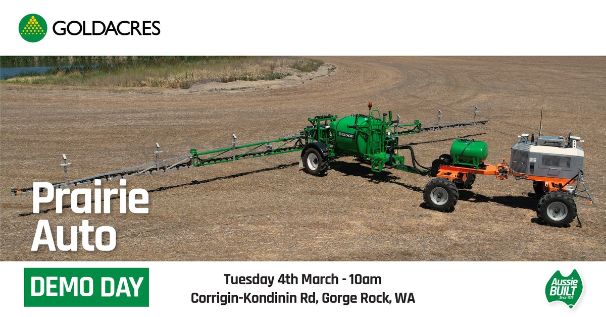 🤖Autonomous Sprayer Demo: 
📅When: Friday, 4th March, 10am
📍Where: Corrigin-Kondinin Rd, Gorge Rock, WA
📞RSVP Andrew Hill 0487 558 177
What’s on show:
 2500L Goldacres 'Prairie Auto' sprayer
Weedetect Bilberry Green-on-brown &amp; green-on-green tech. 
Swarmfarm Robotics Robot.