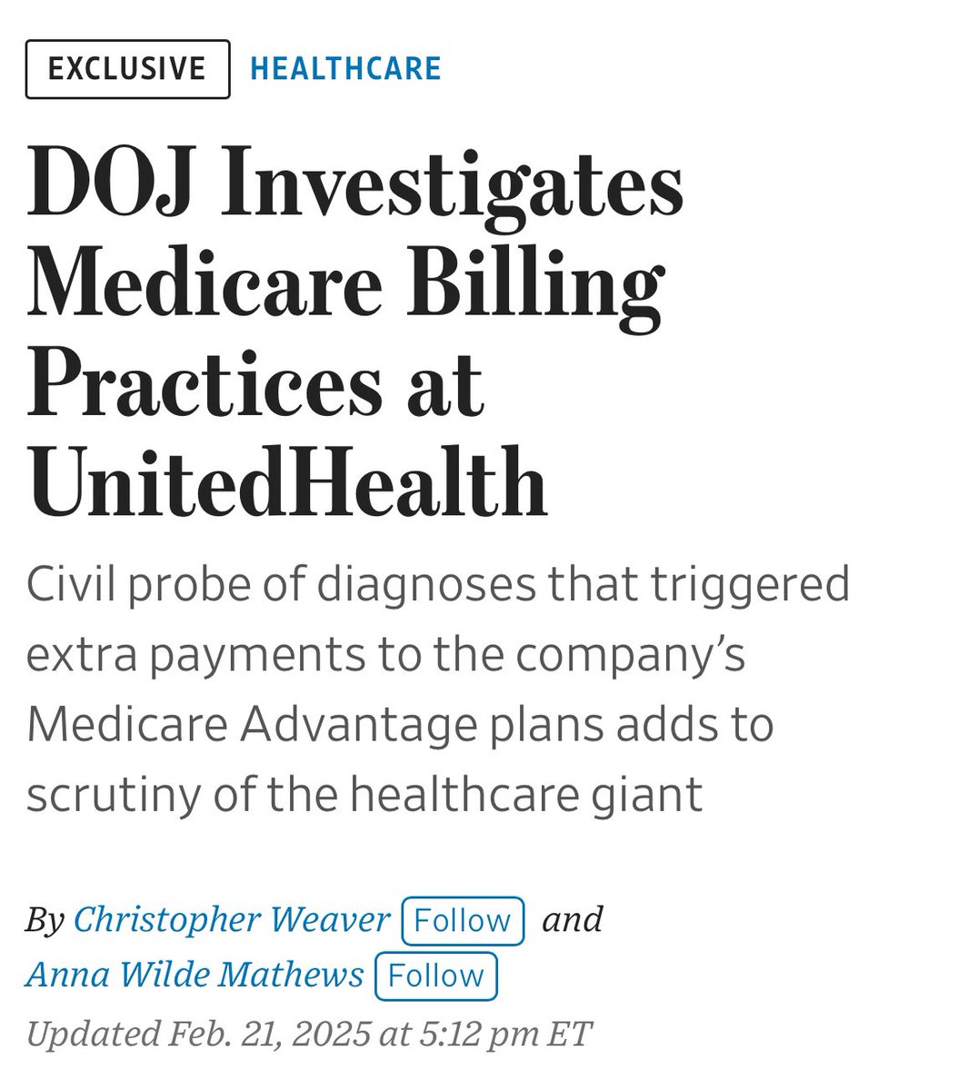“…Medicare paid UnitedHealth billions of dollars for questionable diagnoses. Attorneys with the Justice Department as recently as Jan. 31 interviewed medical providers named in the articles…”

Medicare Advantage is a fraud machine that is regularly defaulting, American