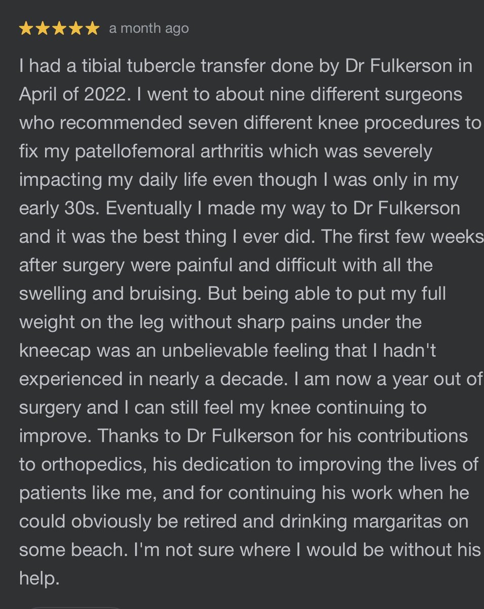 I post this to point out the efficacy of anteromedial tibial tubercle transfer for lateral PF arthritis. Interesting to me how some surgeons will do a PF arthroplasty, even in younger 30-60 year old patients. I’ve done over 1500 AMTTOs and  recommend joint preservation