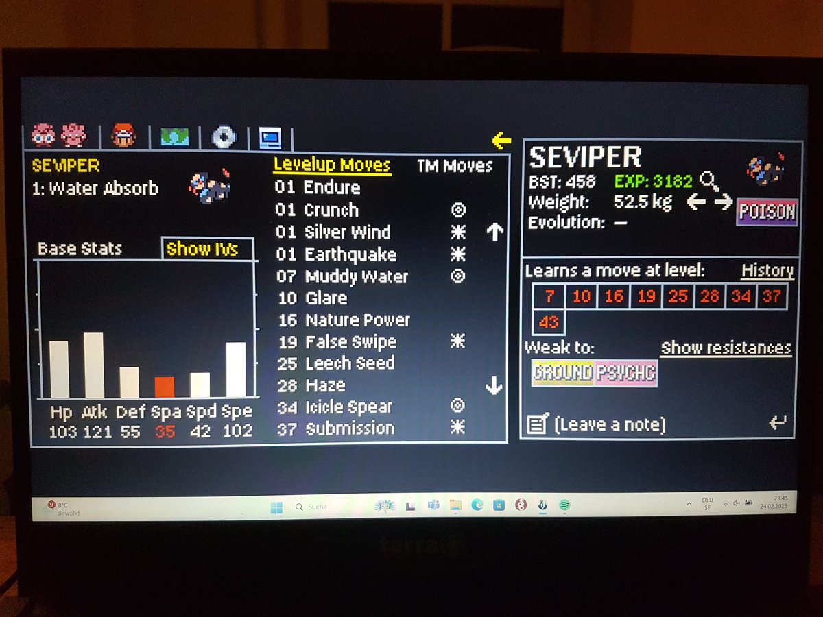 D_W_Dr_Knight's tweet photo. New PB with a Seviper with Earthquake, Swift and Dragon Dance: third trainer in elite 4. I'll miss you, (Snake? Snake?) Snaaaake! https://t.co/DfxbBOqEIv