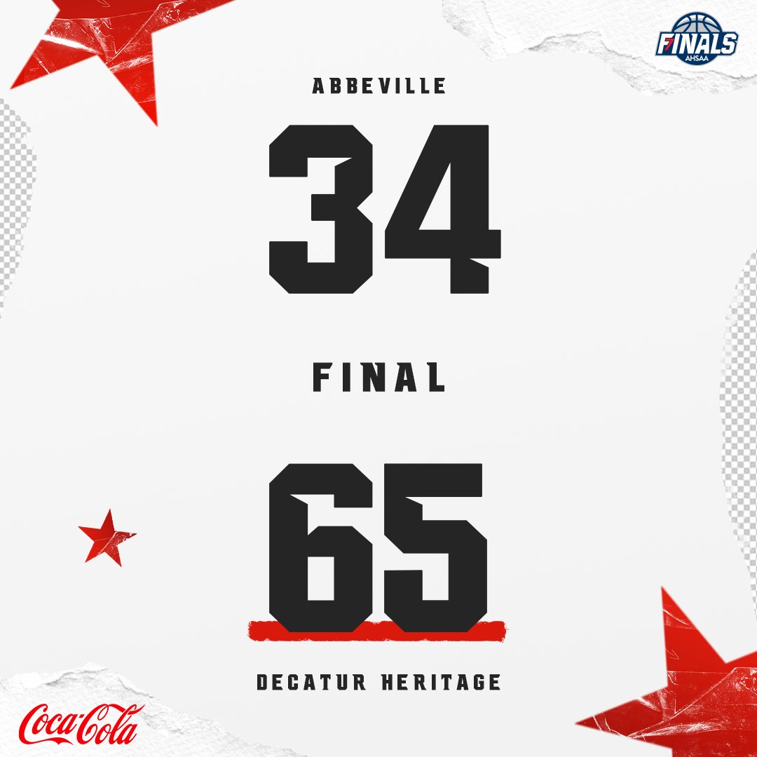AHSAA (@ahsaaupdates) on Twitter photo Your FINAL <a href="/CocaCola_UNITED/">Coca-Cola UNITED</a> Scoreboard: <a href="/LadyHeritage21/">Decatur Heritage Lady Eagles Athletics</a> secured the win 65-34 against <a href="/AbbevilleHigh/">Abbeville High School</a> in the #2AGirls Semifinal! ⛹️♀️🏀
#StateFinals | #Ball4ItAll | <a href="/CocaCola_UNITED/">Coca-Cola UNITED</a> | #2A | <a href="/LegacyArena/">Legacy Arena</a> | <a href="/AHSAAUpdates/">AHSAA</a> Your FINAL <a href="/CocaCola_UNITED/">Coca-Cola UNITED</a> Scoreboard: <a href="/LadyHeritage21/">Decatur Heritage Lady Eagles Athletics</a> secured the win 65-34 against <a href="/AbbevilleHigh/">Abbeville High School</a> in the #2AGirls Semifinal! ⛹️♀️🏀
#StateFinals | #Ball4ItAll | <a href="/CocaCola_UNITED/">Coca-Cola UNITED</a> | #2A | <a href="/LegacyArena/">Legacy Arena</a> | <a href="/AHSAAUpdates/">AHSAA</a>