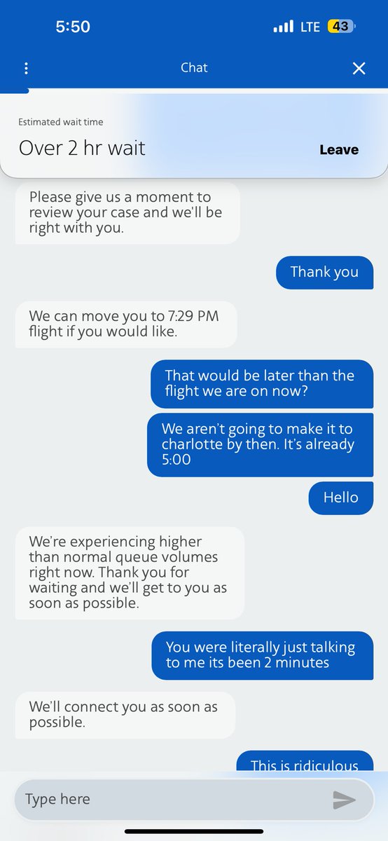 zachaltman's tweet photo. @AmericanAir conveniently disconnects when you start complaining.  Flight was supposed to be at 12:55 it’s 6:00, been in the airport all day. Blames it on weather but all other airlines seems to be moving fine. https://t.co/PEIvk9G0AJ