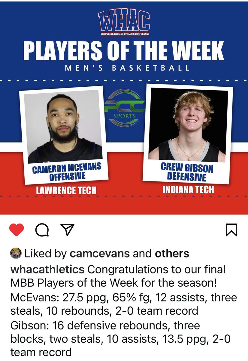 Congrats to 2019’ Playmaker Alum <a href="/Cameron_Mcevans/">Big things Cam</a> - WHAC Player of the week 💚💛