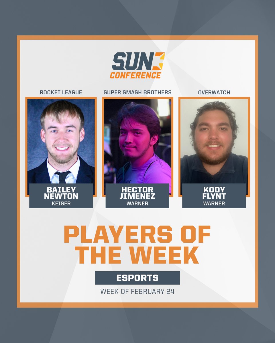 SunConference's tweet photo. This week's #SUNesports award winners ⬇️

Rocket League - Newton of @KeiserEsports 
SSBU &amp; Overwatch - Jimenez and Flynt of @Warner_Esports 

More on these athletes here 🔗https://t.co/60zTdK9Enh https://t.co/bXf4wK1dzR