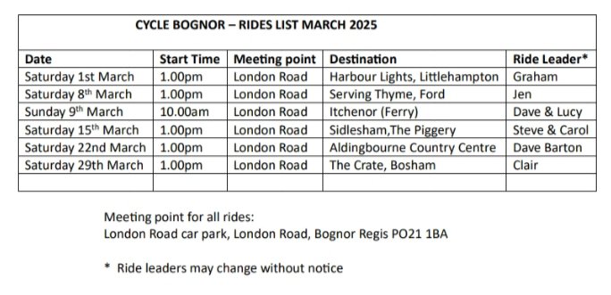 cyclebognor's tweet image. Here's our rides schedule for March 2025. All rides start at London Road car park Bognor Regis PO21 1BA. More info on each ride will be on our Facebook page, as they arise.