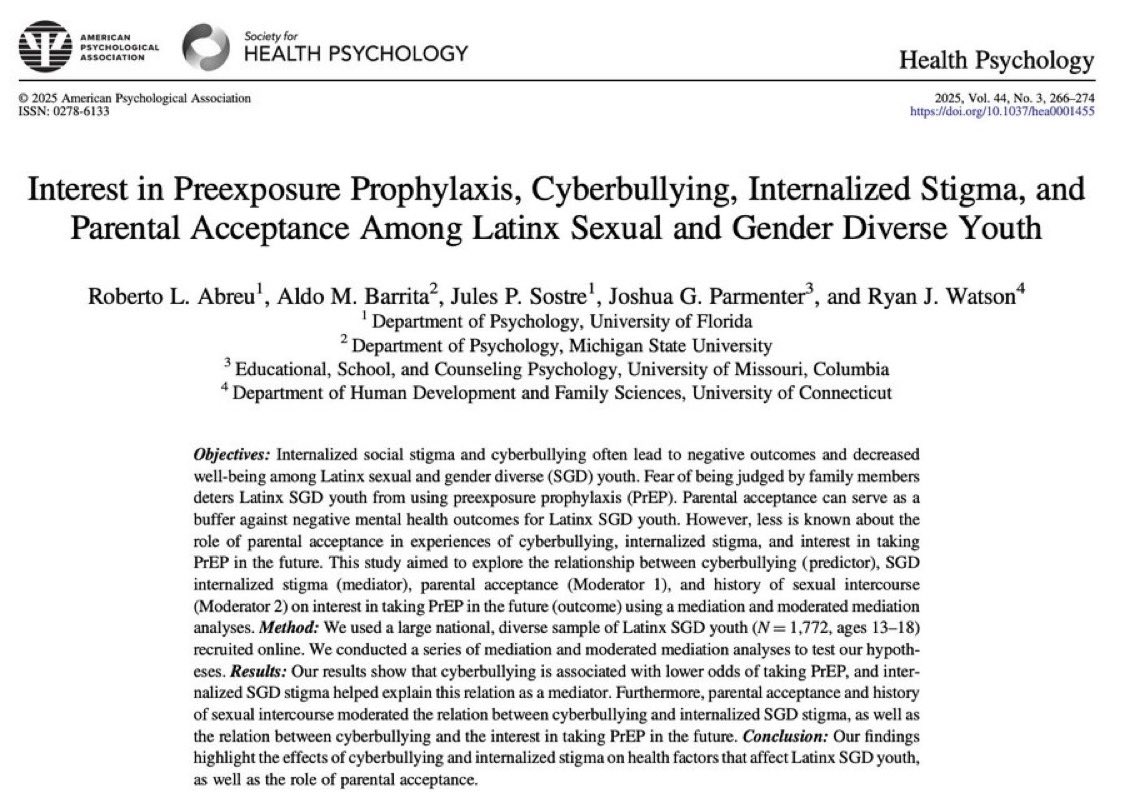 AldoBarrita's tweet photo. 🚨New publication🚨

Internalized Cyberbullying for Black & Latinx LGBTQ Youth informs preferences around PrEP

So proud of to share 1st-author w/ @RLuisAbreu and grateful for the entire team on this project

#LGBTQ #racism #stigma #prep #internalized #MentalHealthMatters 
🔗 Paper

https://t.co/GWg73ePyTe