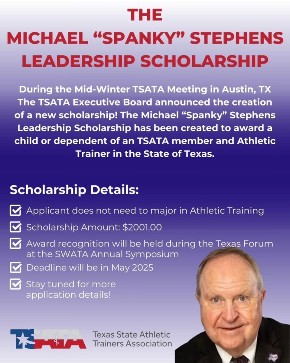 SCATA Athletic Training Members: Do you have a child that is graduating soon? Here is a special scholarship just for your children.

In honor of Mr. Spanky Stephans (a great TX AT) TSATA is awarding this scholarship. Check out <a href="/TSATA_Official/">TSATA</a>  for more information