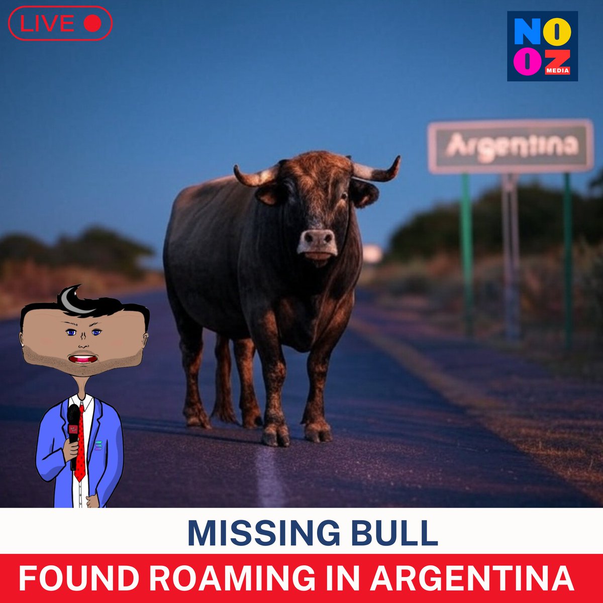 NoozMedia's tweet photo. BREYKING $NOOZ: Crypto's missing Bull found roaming Argentina after recent abduction. How long will it take to lure him back to the trenches?!

#CryptoNews #crypto #bullrun #CryptoMarket #Nooz #Libra https://t.co/agnGUOSs8D