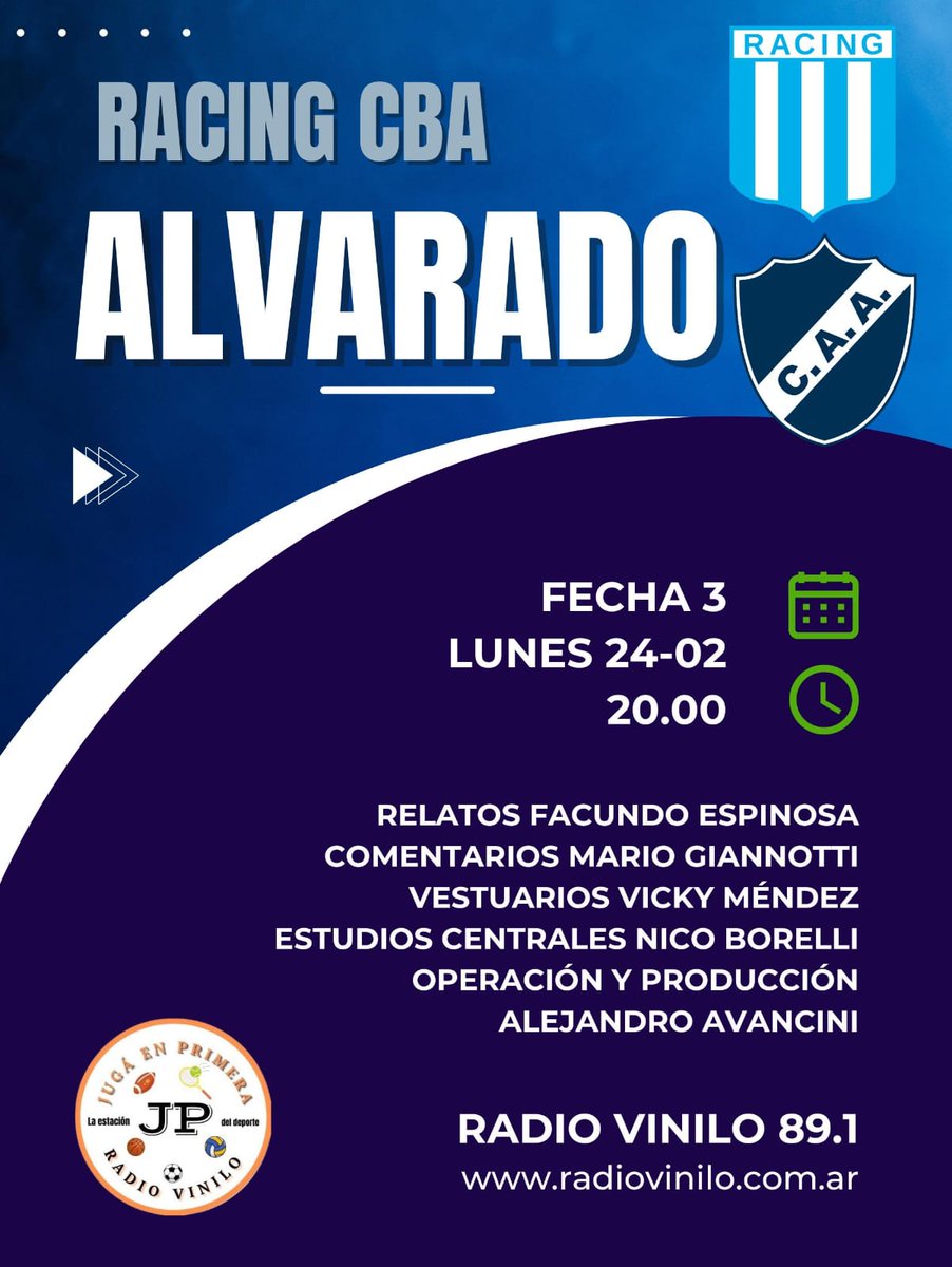 Comenzamos a vivir por <a href="/FMVinilo891/">RadioVinilo891</a> <a href="/Racingcordobes/">Elracingcordobes</a> <a href="/ClubAlvaOficial/">Club A. Alvarado</a> conducción y relatos <a href="/FacuEspinosaB/">Facundo Espinosa</a> comentarios Mario Giannotti estadísticas <a href="/vickymendezz/">Victoria 💫</a> estudios centrales <a href="/nboreli/">nicolas borelli</a>

💻 radiovinilo.com.ar 
📲 APP Vinilo891
