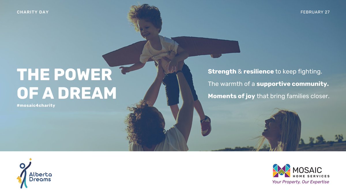 GetMosaicYeg's tweet photo. 💙 Learn about our Charity of the Month, Alberta Dreams! On Feb 27, 5% of all sales &amp; quotes will help create unforgettable moments for children in need.

Read more: https://t.co/UFtbQqpnxr

#CharityDay #AlbertaDreams #GivingBack #MosaicHomeServices https://t.co/WhzelOqHvi