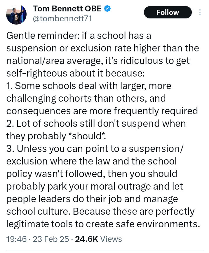 I see <a href="/tombennett71/">Tom Bennett OBE</a>, who blocked me years ago, has chosen to comment on my latest blog post. I can't decide if he didn't read it, didn't understand it, or is just always on the side of anyone who excludes children. Interesting though that he wouldn't engage openly with me.