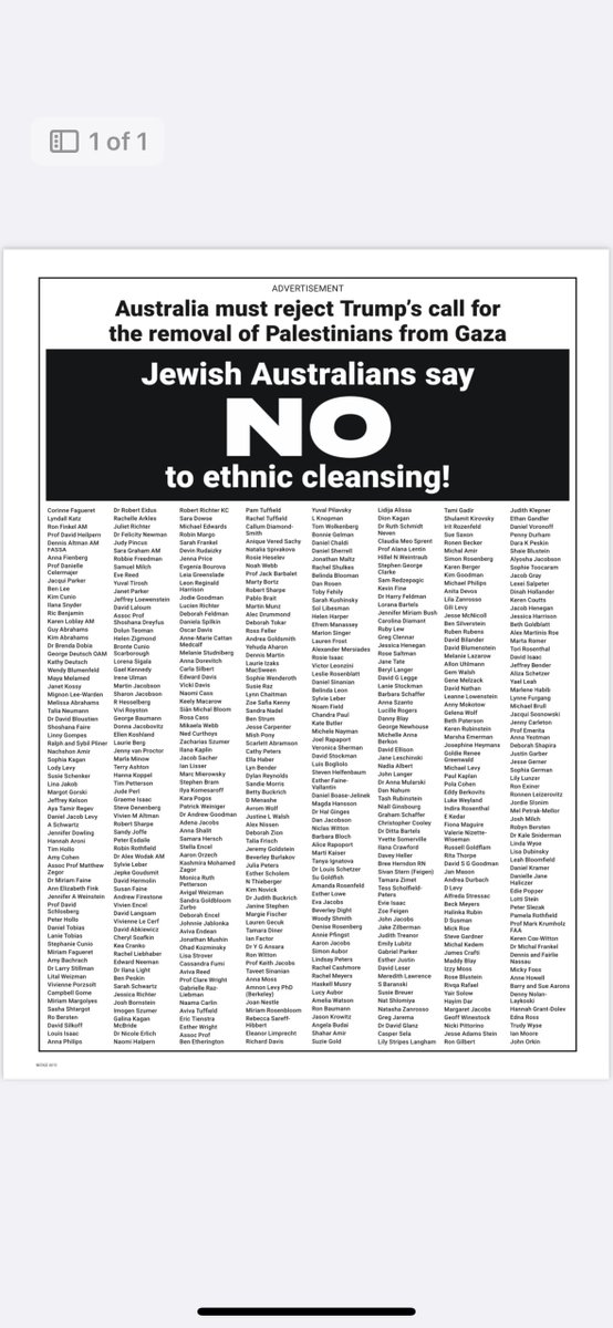 Antony Loewenstein (@antloewenstein) on Twitter photo This full-page ad appears in today's <a href="/smh/">The Sydney Morning Herald</a> and <a href="/theage/">The Age</a> with the names of 500 Jews, many more signed but couldn't fit onto the page!, to clearly say that they're utterly opposed to removing Palestinians from Gaza. Notice the silence from most "mainstream" Jewish groups? It's This full-page ad appears in today's <a href="/smh/">The Sydney Morning Herald</a> and <a href="/theage/">The Age</a> with the names of 500 Jews, many more signed but couldn't fit onto the page!, to clearly say that they're utterly opposed to removing Palestinians from Gaza. Notice the silence from most "mainstream" Jewish groups? It's