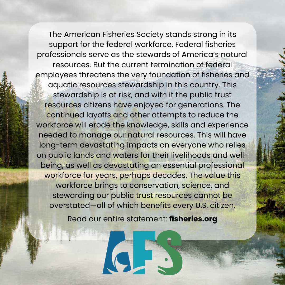 The American Fisheries Society stands strong in our support of the federal fisheries professionals who serve as the stewards of our aquatic natural resources. Read our new statement on the Future of Public Trust Resources: fisheries.org/2025/02/future…