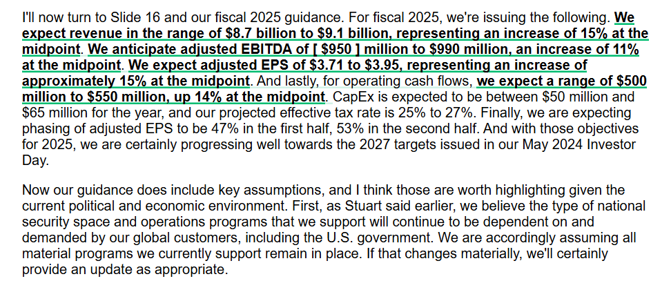 AlphaSenseInc's tweet photo. $KBR Guidance:

"For fiscal 2025, we're issuing the following. We expect revenue in the range of $8.7 billion to $9.1 billion, representing an increase of 15% at the midpoint. We anticipate adjusted EBITDA of [ $950 ] million to $990 million, an increase of 11% at the midpoint. We expect adjusted EPS of $3.71 to $3.95, representing an increase of approximately 15% at the midpoint. And lastly, for operating cash flows, we expect a range of $500 million to $550 million, up 14% at the midpoint. CapEx is expected to be between $50 million and $65 million for the year, and our projected effective tax rate is 25% to 27%. Finally, we are expecting phasing of adjusted EPS to be 47% in the first half, 53% in the second half. And with those objectives for 2025, we are certainly progressing well towards the 2027 targets issued in our May 2024 Investor Day."