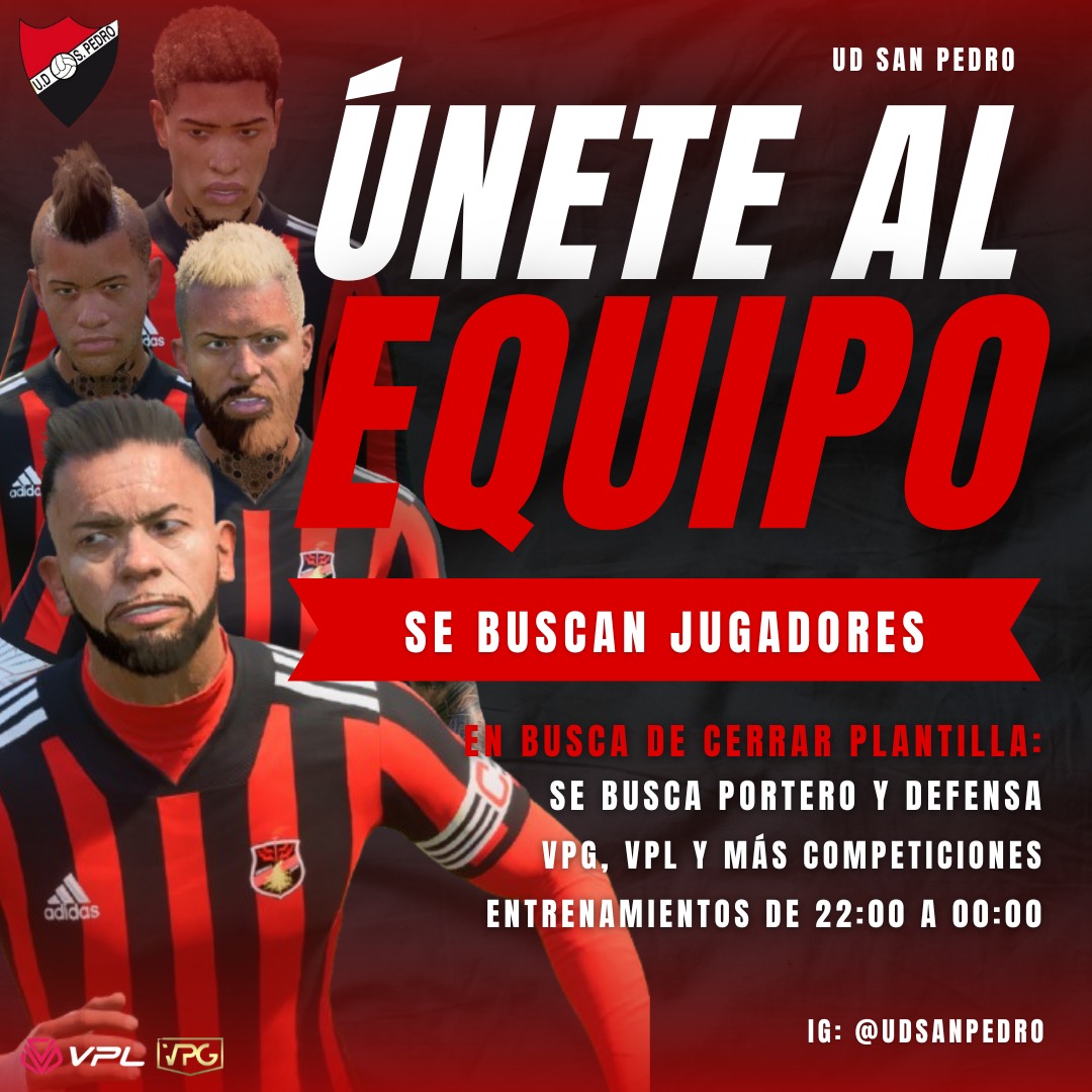 📢 ¡Buscamos jugadores para la UD San Pedro! 🔴⚫

Necesitamos GK 🧤 y DFC 🛡️ con compromiso y seriedad para competir en España. Si te gusta el juego en equipo y quieres formar parte, ¡te esperamos!

📩 DMs abiertos. #UDSanPedro #ClubPro #EAFC25