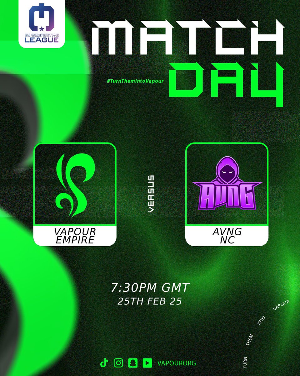 MATCH-DAY!

🏅 - Division 6 - Groups ECL
🆚 - AVNG NC 
🕗 - 7:30pm
📅 - 24th Feb 25

🟢 - Ozyned
⚫ - Stabzii
🟢 - Streakzzy
⚫ - Carlile 

The boys look to return to winning ways and secure second seed ahead of playoffs next week.

📺 - twitch.tv/agentguava