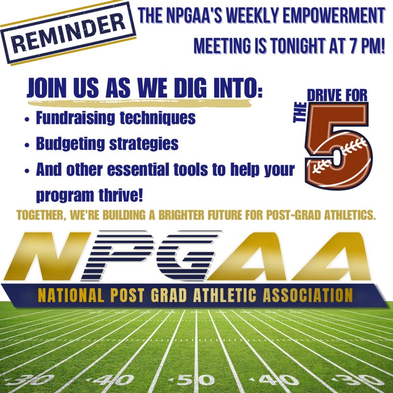 Justin Moses (@coachmosesad) on Twitter photo <a href="/TheNPGAA/">National Post Grad Athletic Association</a> REMINDER: The NPGAA’s Weekly EMPOWERMENT meeting is tonight at 7pm. Message me for link #driveforfive
<a href="/AdvancePrepPG/">Advance Prep Academy</a> <a href="/KnightsNaples/">Naples Knights Football Academy</a> <a href="/JacksonMat3528/">Coach Jackson</a> <a href="/RiverCityPrepFB/">River City Post-Grad Football</a> <a href="/Rosevillelions1/">Roseville University</a> <a href="/Busterwoo/">Coach Woo</a> <a href="/TheNPGAA/">National Post Grad Athletic Association</a> REMINDER: The NPGAA’s Weekly EMPOWERMENT meeting is tonight at 7pm. Message me for link #driveforfive
<a href="/AdvancePrepPG/">Advance Prep Academy</a> <a href="/KnightsNaples/">Naples Knights Football Academy</a> <a href="/JacksonMat3528/">Coach Jackson</a> <a href="/RiverCityPrepFB/">River City Post-Grad Football</a> <a href="/Rosevillelions1/">Roseville University</a> <a href="/Busterwoo/">Coach Woo</a>